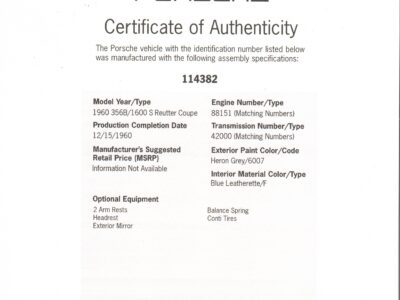 Porsche 356b coupe Certificate of Authenticity (COA)